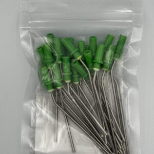 Oorzuigbuisje Round Hub type, extra kort, diameter 2,0 mm, groen, als set van 25 stuks in een transparant plastic zakje met groene kunststof handgrepen en metalen buisjes.
