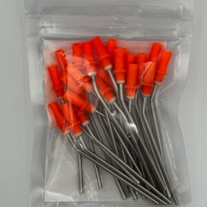Oorzuigbuisje Round Hub type, extra kort, 2.5mm, ORANJE, als set van 25 in een transparante zak met rode doppen en metalen buisjes.